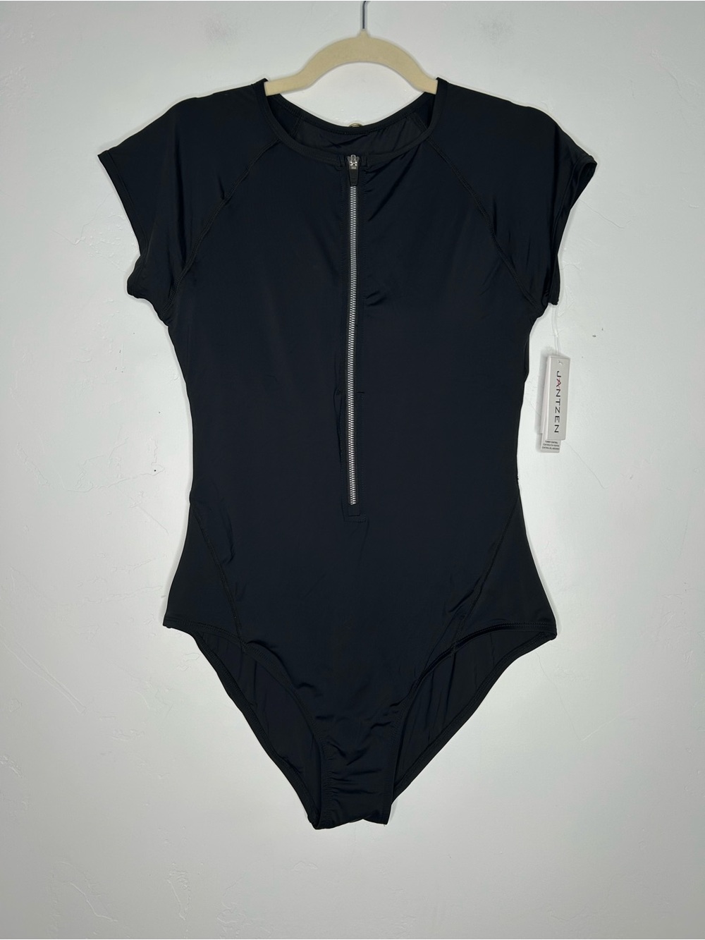 NWT Jantzen Black Short Sleeve Zip Front One Piece Swimsuit High Neck Size 12